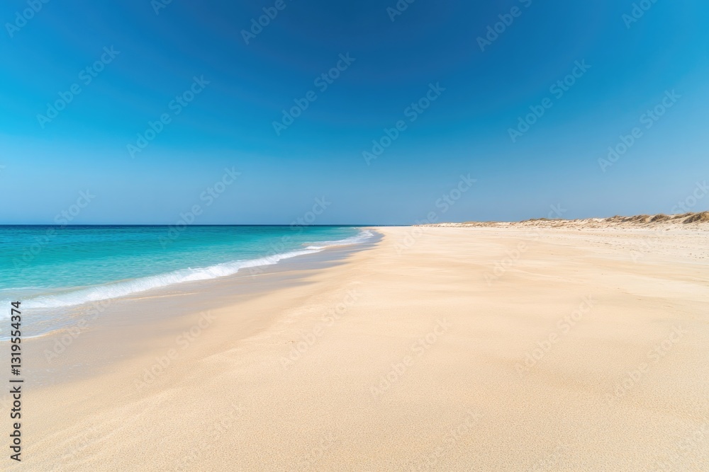 empty beach with pristine sand leading to turquoise waves set under clear blue sky featuring ample copy space for summer-themed empty beach with pristine sand leading to turquoise waves set under clear blue sky featuring ample copy space for summer-themed