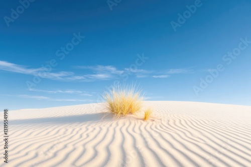 golden sand dunes undulate beneath clear blue sky dotted sporadically with resilient desert plants photo