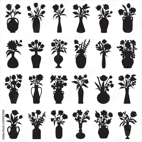  vase silhouette vector illustration. Bundle of silhouette flowers in pots gardening theme set design white background vector illustration