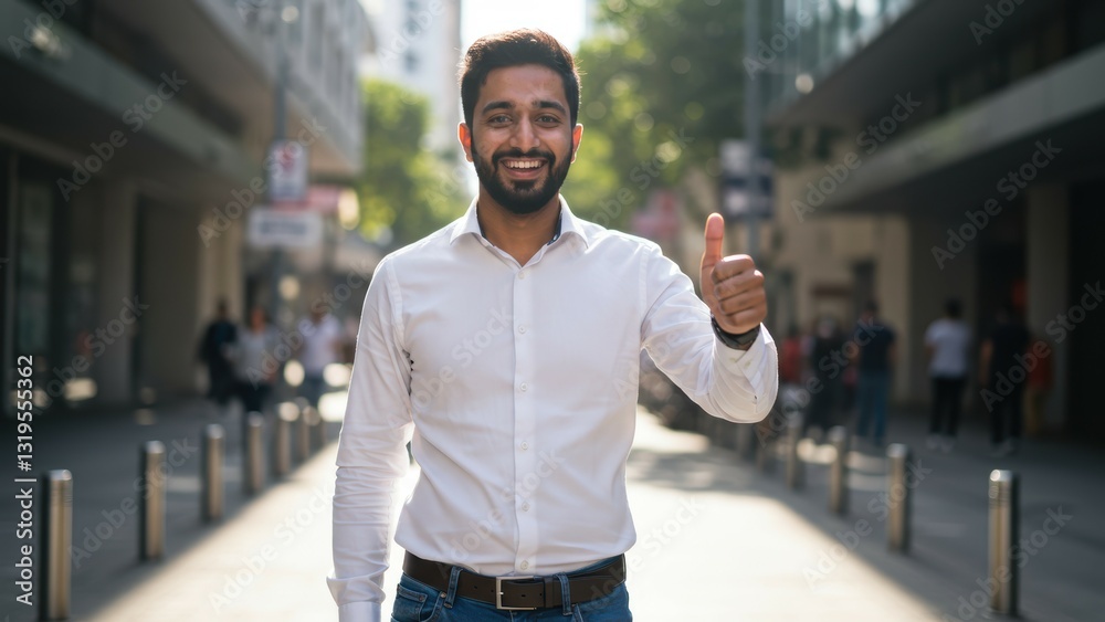 Fototapeta premium South Asian man giving thumbs up in urban street setting conveys positivity and confidence in community