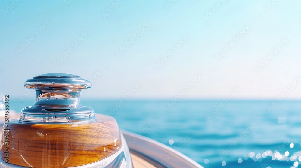 Obraz premium sunlit close-up of elegant yacht helm gleaming stainless steel and varnished wood in focus