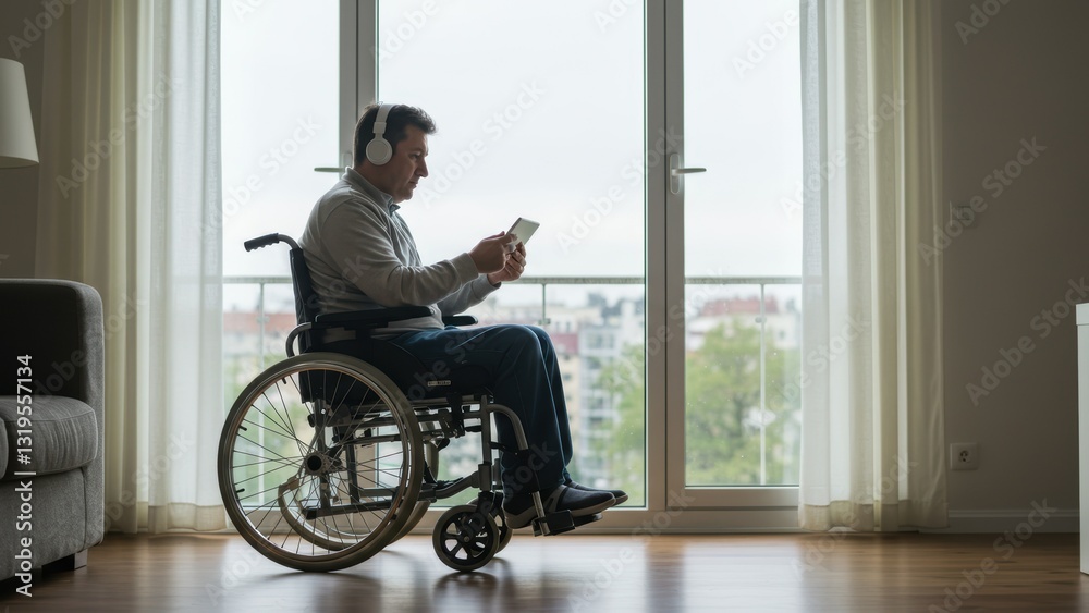 Middle aged Caucasian man in wheelchair uses smartphone while listening to music in modern living room Focus on disability and technology Middle aged Caucasian man in wheelchair uses smartphone while listening to music in modern living room Focus on disability and technology