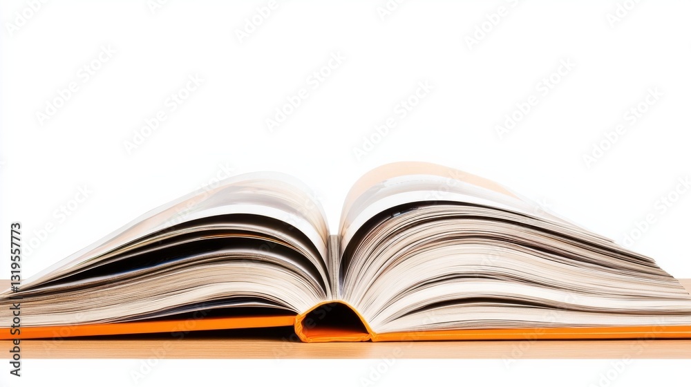 Open Book with Orange Cover on Wooden Surface Open Book with Orange Cover on Wooden Surface
