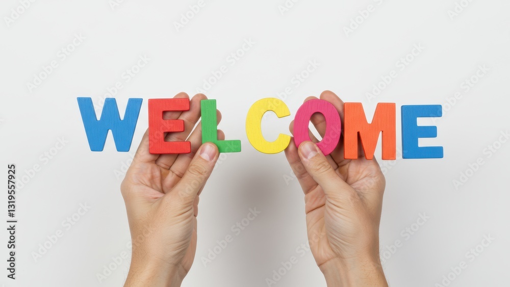 Hands hold colorful letters spelling welcome on white background Concept of greeting, hospitality, celebration Hands hold colorful letters spelling welcome on white background Concept of greeting, hospitality, celebration