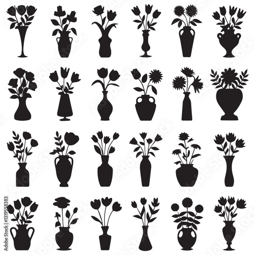 vase silhouette vector illustration. Bundle of silhouette flowers in pots gardening theme set design white background vector illustration