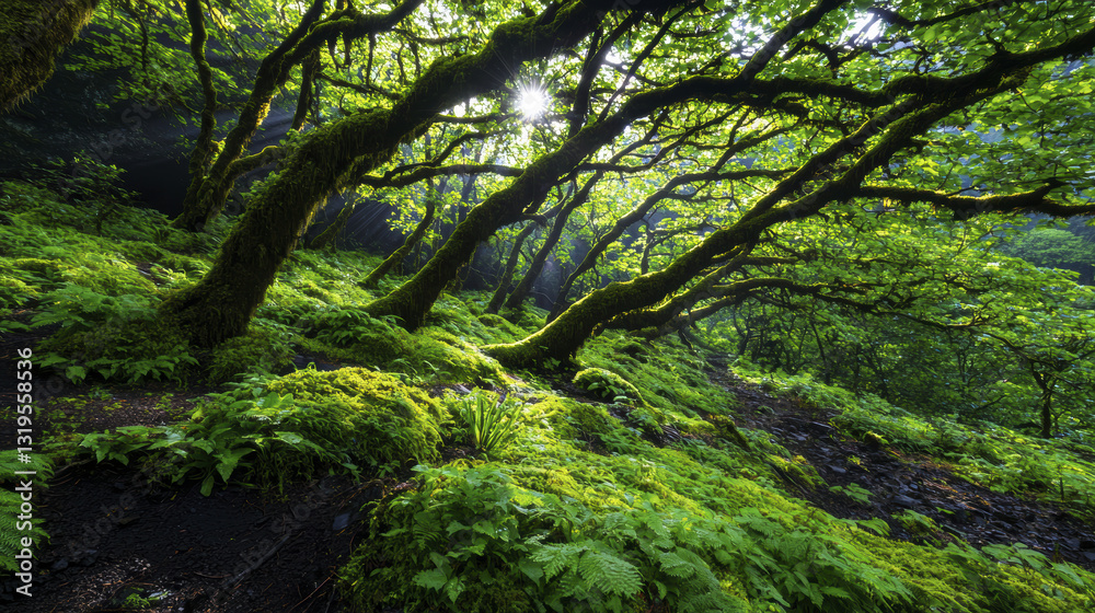 Naklejka premium Lush green forest with sunlight filtering through trees, creating serene atmosphere
