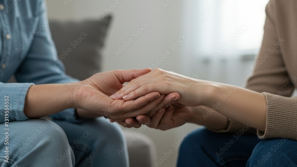Fototapeta premium Adult female and adult male holding hands indoors, soft lighting creates cozy atmosphere, focuses on emotional support and intimacy