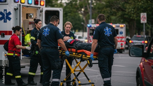 Hispanic male paramedic assists Caucasian female colleague in emergency rescue on urban street Emergency medical services, teamwork
