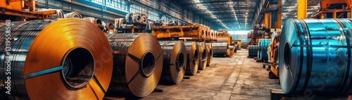 Industrial Warehouse with Steel Coils and Machinery in Background
