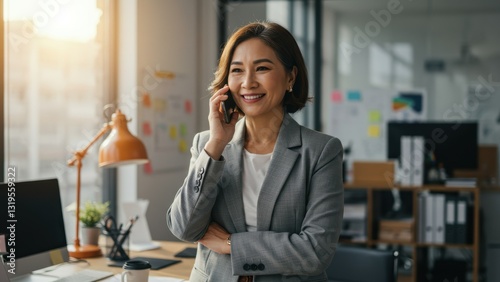 Wallpaper Mural Middle aged Asian businesswoman smiles while talking on phone in modern office Highlights professionalism, teamwork, and diversity Torontodigital.ca