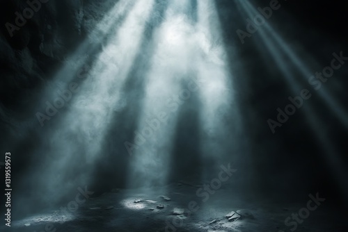 Mysterious Dark Space with Soft Light Beams and a Pedestal Display in a Minimalistic Black Environment