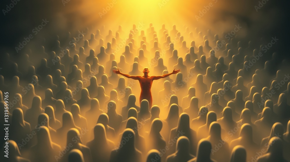Obraz premium Figure standing before a large crowd, radiating light and energy in a powerful and inspiring scene.