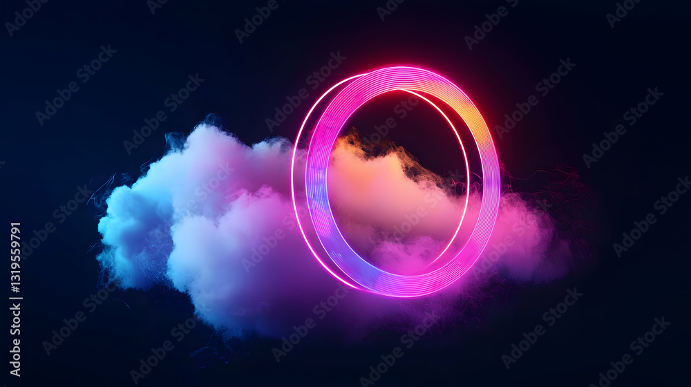Obraz premium Vivid Neon Pink And Purple Circular Portal Emerging From A Cloud Of Colorful Smoke Against A Dark Background In A 3D Rendered Illustration