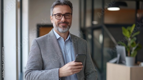 Smiling middle aged male investor holding mobile phone looking at camera with smartphone at work. Successful mature business man corporate leader using cellphone standing in office. Portrait.
