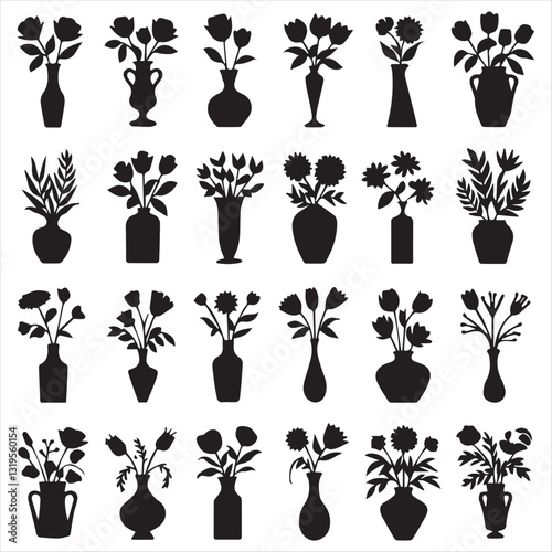  vase silhouette vector illustration. Bundle of silhouette flowers in pots gardening theme set design white background vector illustration