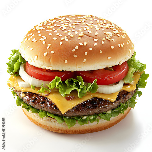 Delicious hamburger with cheese, lettuce, tomato, and onion on a white background photo