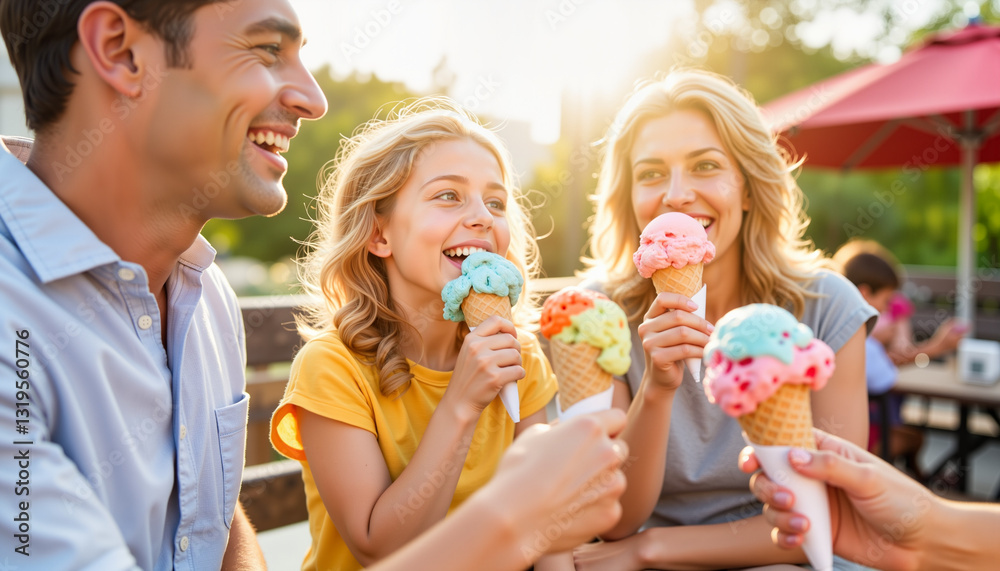 Happy family enjoying ice cream at outdoor cafe, joyful moments Happy family enjoying ice cream at outdoor cafe, joyful moments