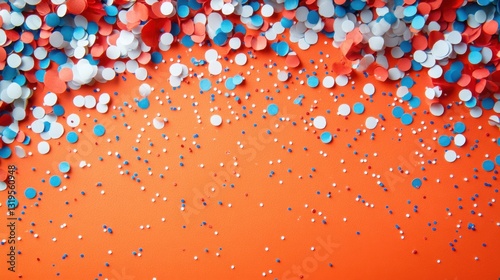 A vibrant orange background with red, white, and blue confetti, perfect for festive celebrations, national holidays, or party invitations.