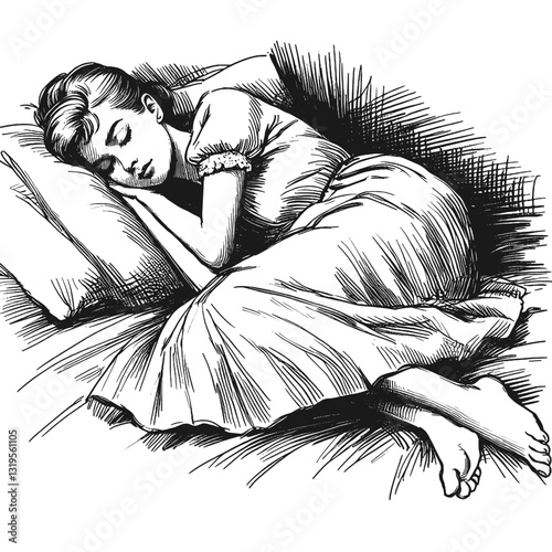 A peaceful and elegant young woman asleep girl asleep black and white line art drawing ink sketch sleeping vector hand drawn nap illustration background sleep