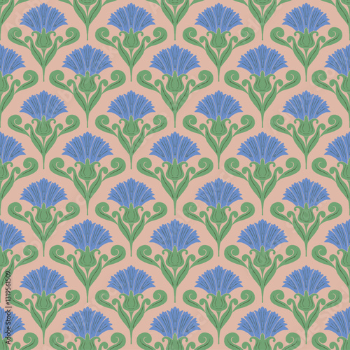 Vector seamless scallop pattern background with hand drawn light blue cornflowers.