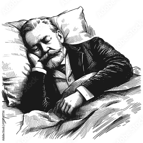 Man asleep black and white line art drawing ink sketch sleeping vector hand drawn nap illustration background sleep. A man dozing off, lying comfortably on his back or side.
