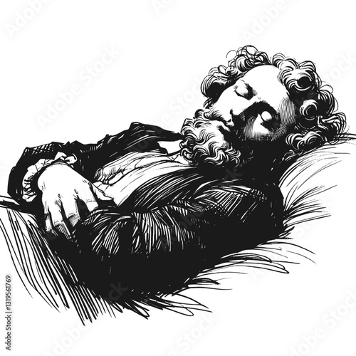 Man asleep black and white line art drawing ink sketch sleeping vector hand drawn nap illustration background sleep. A man in a relaxed position, taking a nap.