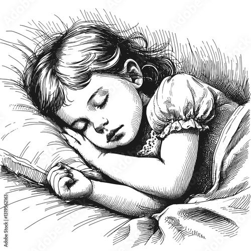 Girl sleeping soundly, a picture of innocence little girl asleep black and white line art drawing ink sketch sleeping vector hand drawn nap illustration background sleep