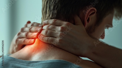 Man with chronic neck pain, highlighting muscle inflammation and spinal issues from prolonged sitting, backache, physical therapy, medical, neck pain, back pain, muscle strain, office syndrome, banner