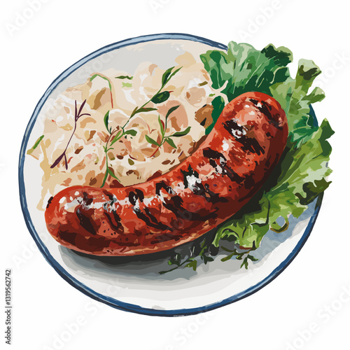 Watercolor Illustration of Grilled Sausage with Sauerkraut