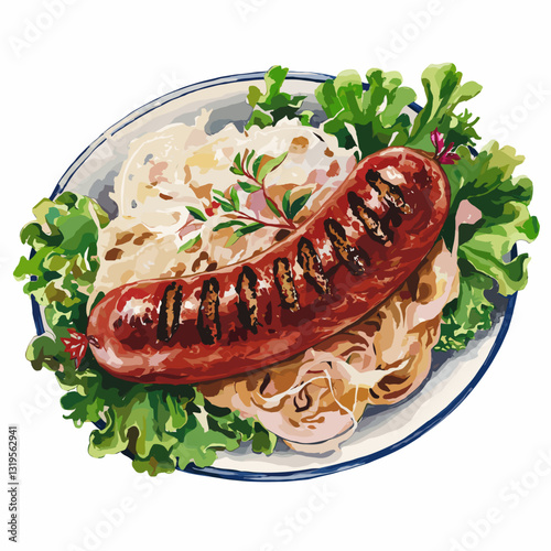 Watercolor Illustration of Grilled Sausage with Sauerkraut