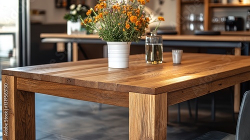 A robust wooden table, its natural finish exuding warmth and character, perfect for both dining and work in a cozy and welcoming home setting.