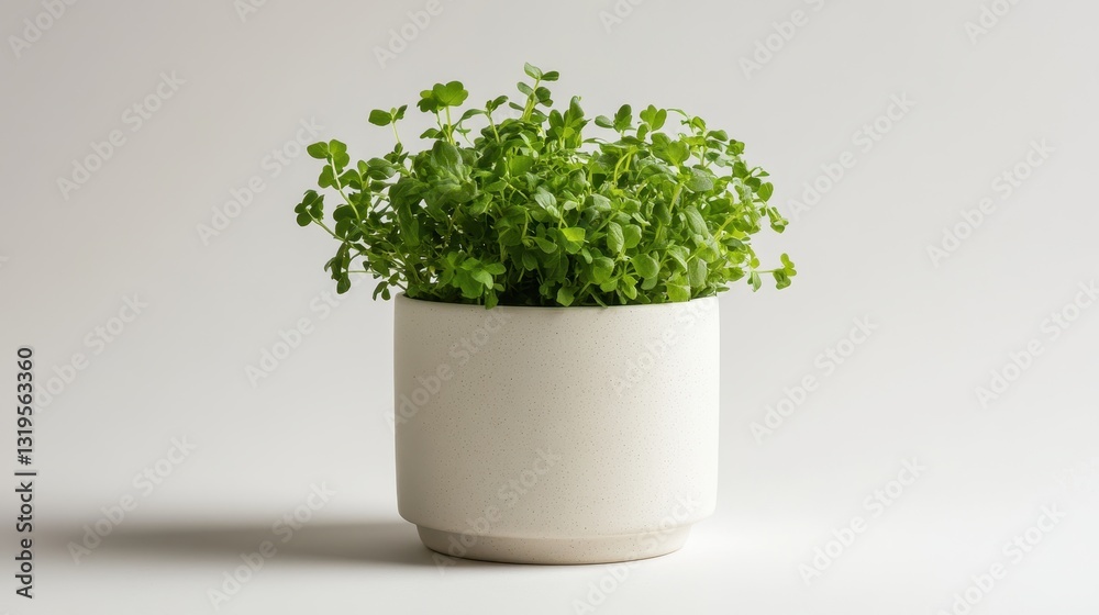 A solitary pot, crafted from pristine white ceramic, nestled quietly amidst a vibrant display of green herbs. The container stood against a plain, minimalist background, allowing the natural beauty A solitary pot, crafted from pristine white ceramic, nestled quietly amidst a vibrant display of green herbs. The container stood against a plain, minimalist background, allowing the natural beauty