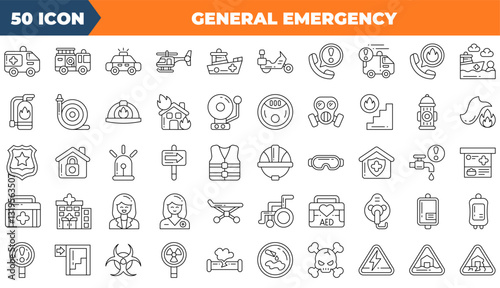 General emergency icon set. Containing medicine, hospital, doctor,and more. Line vector icons collection.