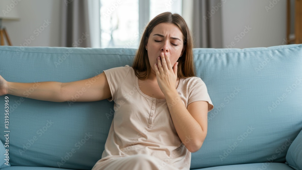 Young Caucasian woman yawning while sitting on a couch in a cozy living room, reflecting relaxation and everyday life Young Caucasian woman yawning while sitting on a couch in a cozy living room, reflecting relaxation and everyday life
