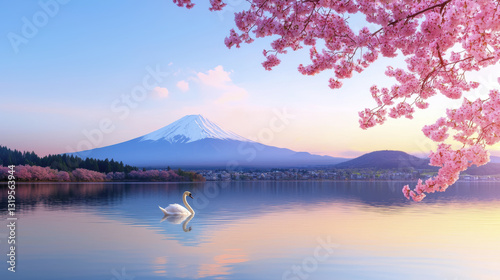 Fototapeta Naklejka Na Ścianę i Meble -  serene landscape featuring swan on calm lake, cherry blossoms, and Mount Fuji in background, evoking tranquility and beauty