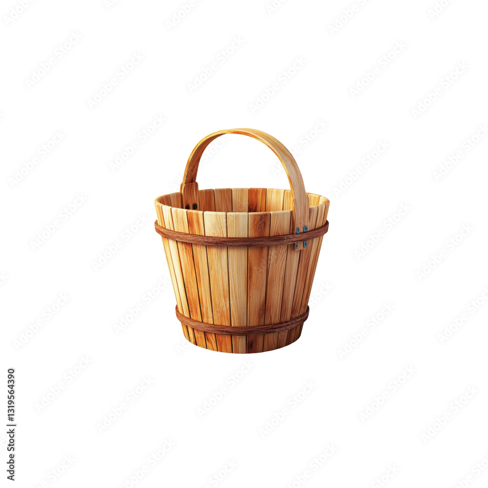 This wooden bucket highlights its natural texture and craftsmanship against a clean white background.