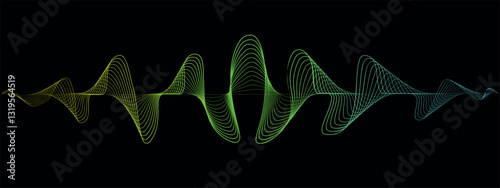 Abstract gradient wavy lines of the sound wave. Dynamic pulsating wave. Musical neon concept, symbols of the frequency of digital music. Vector illustration on a black background