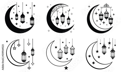 Celestial Glow: Crescent Moon with Hanging Lanterns