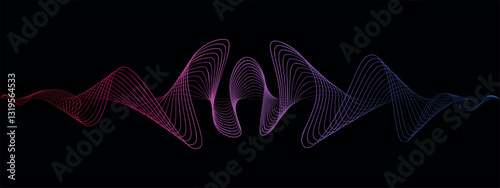 Abstract fluent gradient wavy lines of the sound wave. Dynamic pulsating wave. Musical neon concept, symbols of the frequency of digital music. Vector illustration on a black background