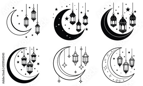 Celestial Glow: Crescent Moon with Hanging Lanterns