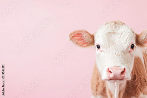 Curious calf facing camera with soft pink background in cute farm animal portrait concept photo