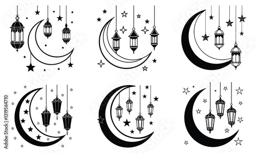 Celestial Glow: Crescent Moon with Hanging Lanterns