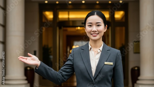 Asian woman hotel receptionist smiles, welcoming guests from modern lobby, representing hospitality and cultural diversity