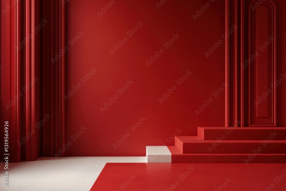 A red room with a white staircase and red curtains A red room with a white staircase and red curtains
