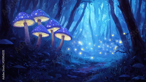 Magical forest adventure glowing mushrooms and enchanted light fantasy landscape nighttime enchantment