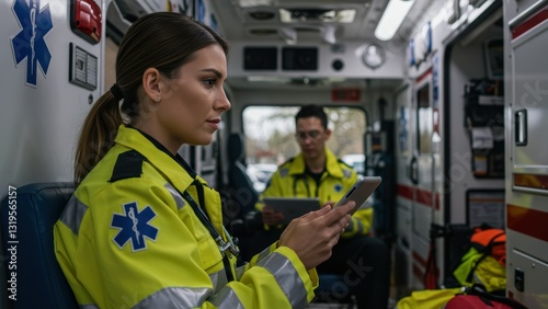Female EMT using smartphone, male EMT on tablet inside ambulance Themes of emergency response and public service