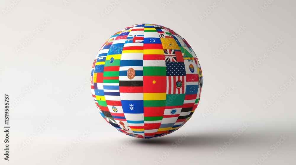 Globe decorated in flag designs centered in well-lit studio against a neutral background Globe decorated in flag designs centered in well-lit studio against a neutral background