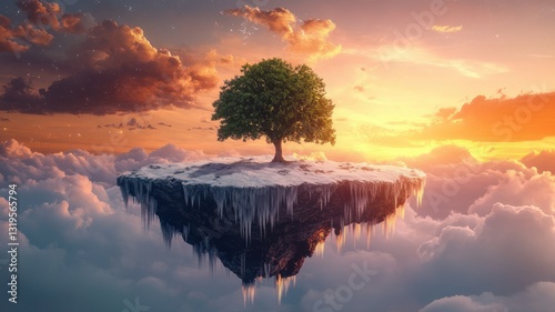 Dreamlike Floating Island with Tree Above Colorful Sunset Clouds