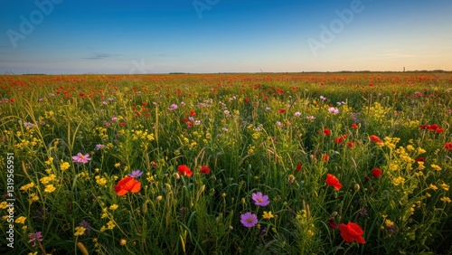 Vibrant wildflower field in sunset glow, showcasing colorful blooms with greenery Themes of biodiversity and environmental conservation