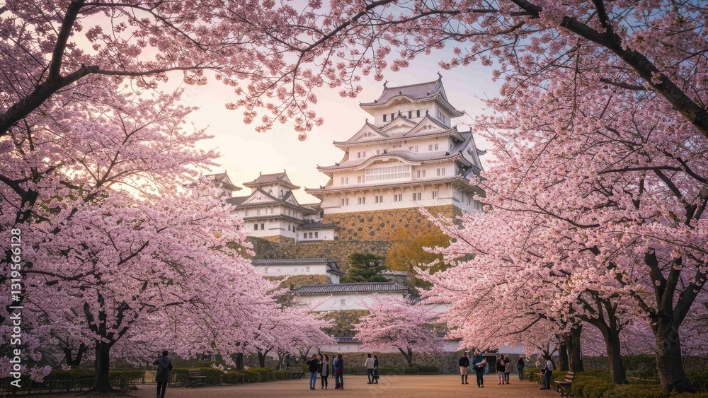 Japanese castle surrounded by cherry blossoms in Himeji park People enjoy the view during springtime